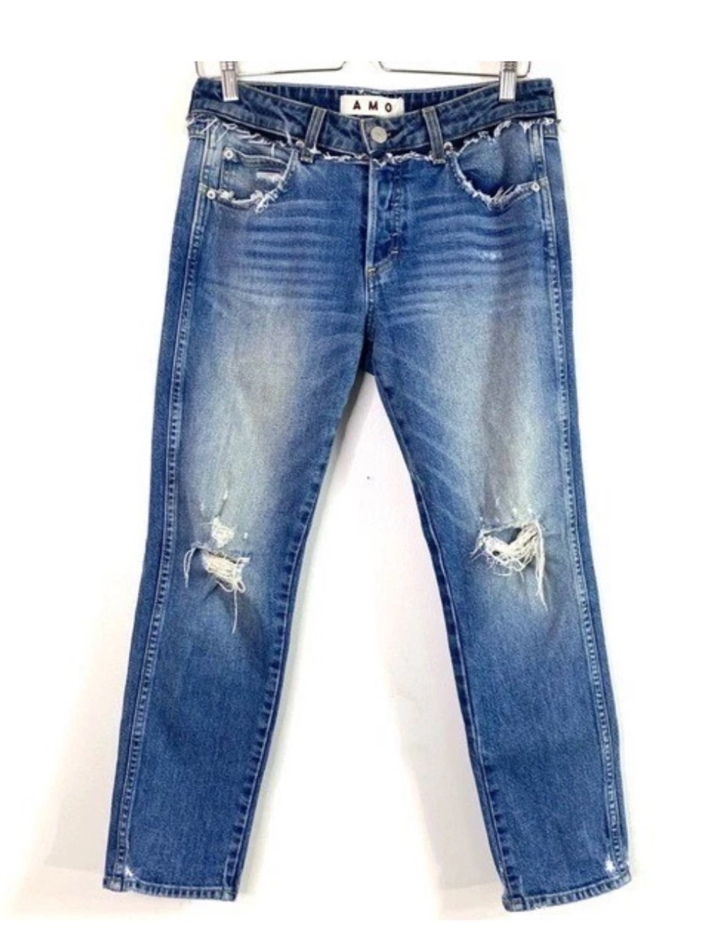 AMO Tomboy Cropped button fly raw seamed jeans $300 size 25